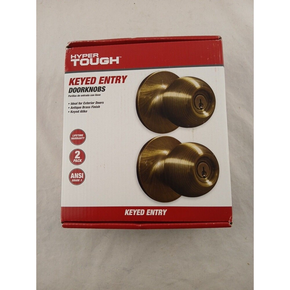 TWO PACK Hyper Tough Keyed Entry Doorknobs-Antique Brass-ANSI Grade 3-NEW!